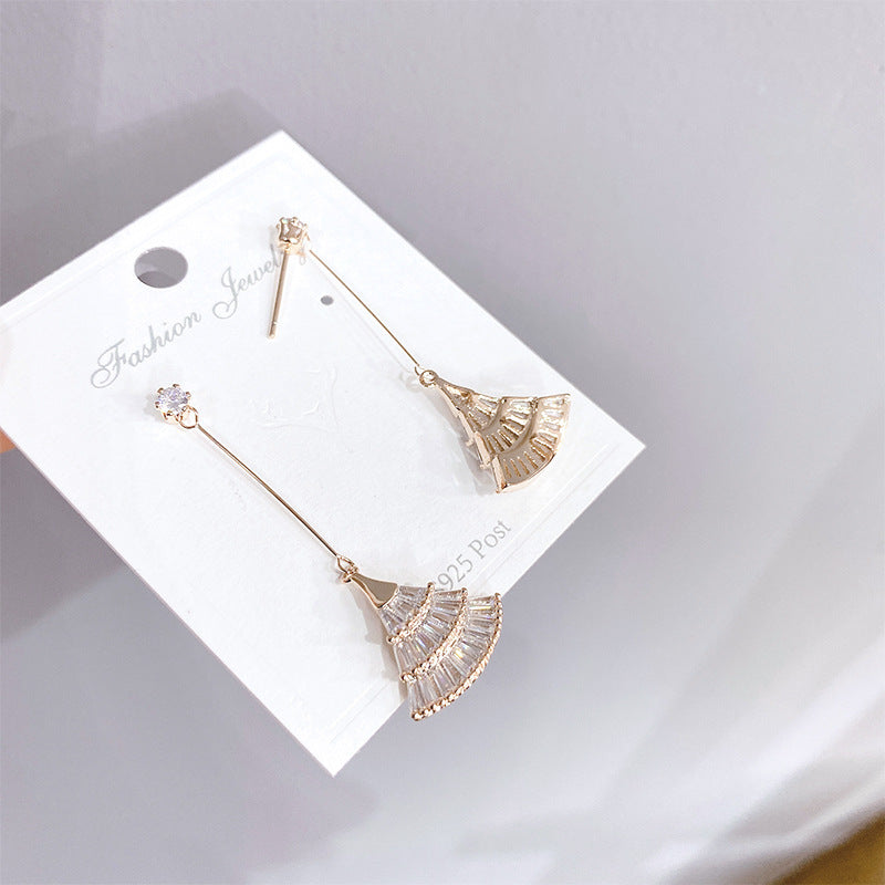 Small Fan Eardrops Sier Needle Simple Elegant Female Zircon Micro Earrings