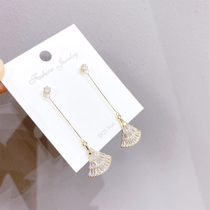Small Fan Eardrops Sier Needle Simple Elegant Female Zircon Micro Earrings