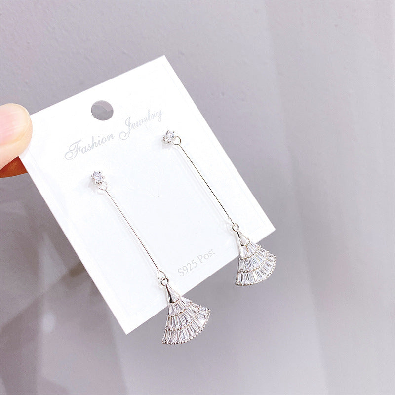 Small Fan Eardrops Sier Needle Simple Elegant Female Zircon Micro Earrings