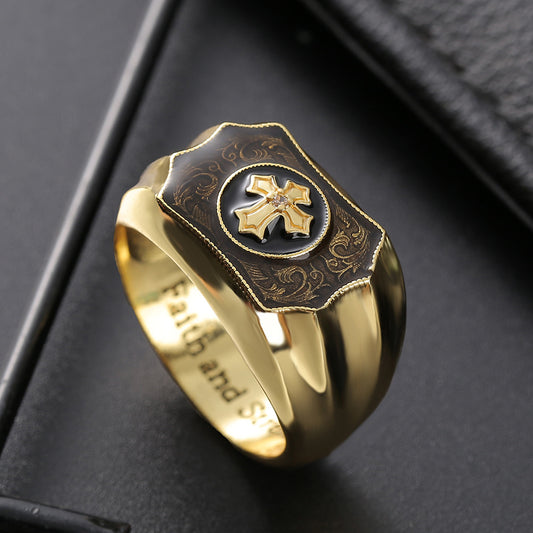 Men's Golden Simulation Black Agate Cross Belief Rings