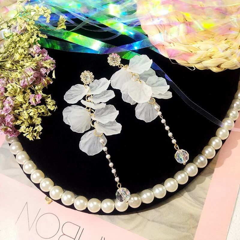 Women's Colorful Petal Long Pearl Tassel Trendy Flower Stud Earrings