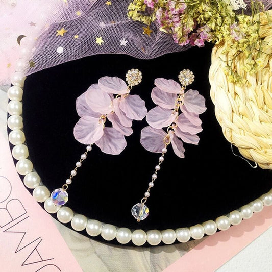 Women's Colorful Petal Long Pearl Tassel Trendy Flower Stud Earrings