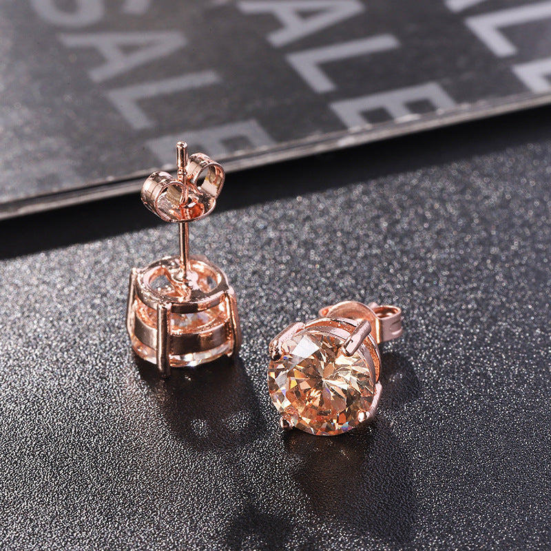 Small Color Zircon Rose Gold Champagne Stud Earrings