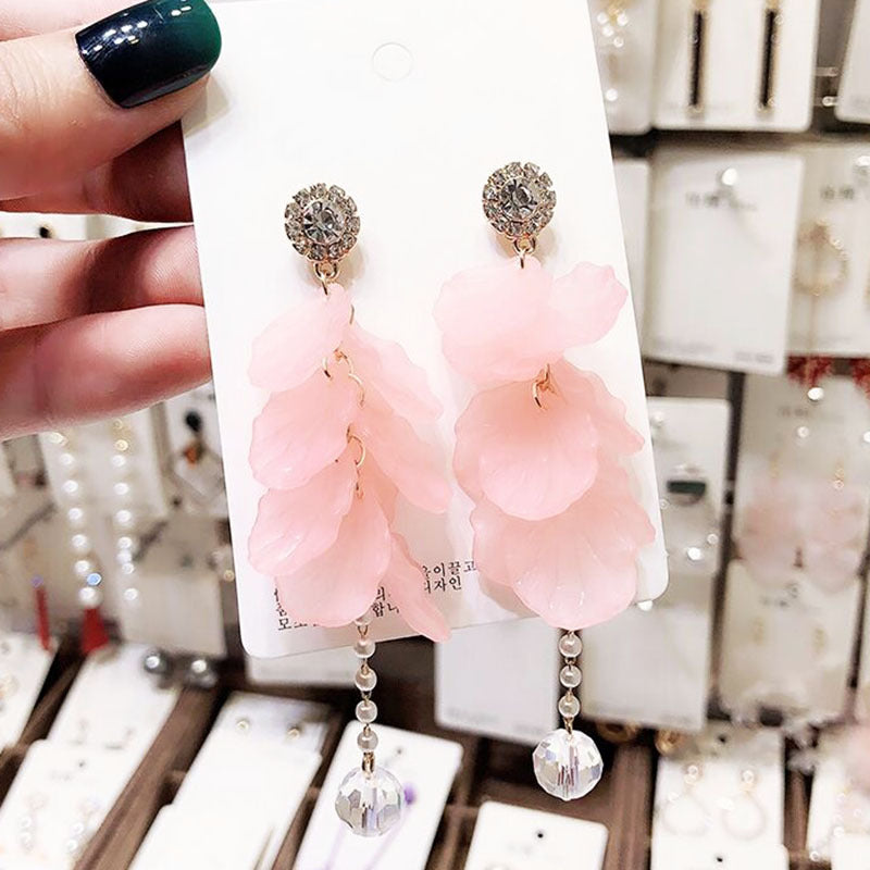 Women's Colorful Petal Long Pearl Tassel Trendy Flower Stud Earrings