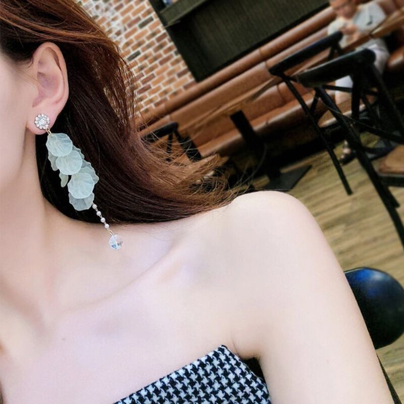 Women's Colorful Petal Long Pearl Tassel Trendy Flower Stud Earrings