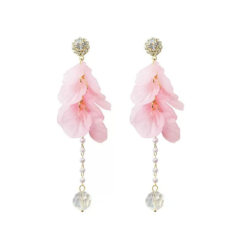 Women's Colorful Petal Long Pearl Tassel Trendy Flower Stud Earrings