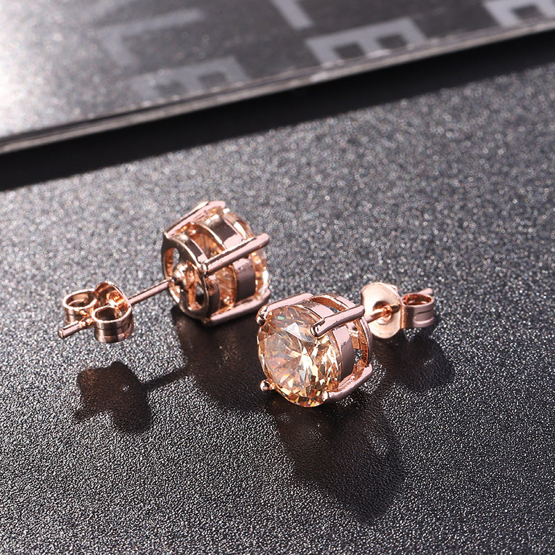 Small Color Zircon Rose Gold Champagne Stud Earrings