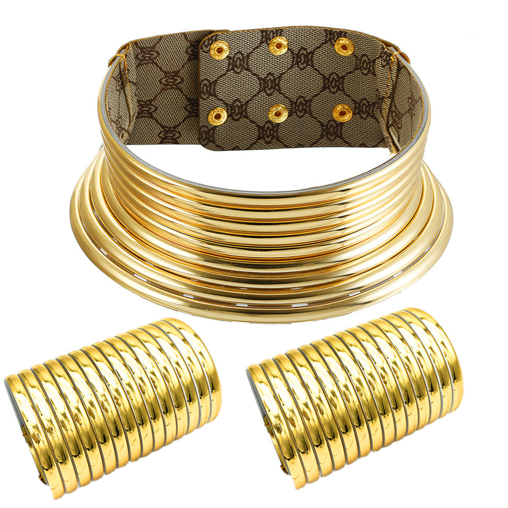 African Tribe Collar Exaggerated Pairs Hand Jewelry Set