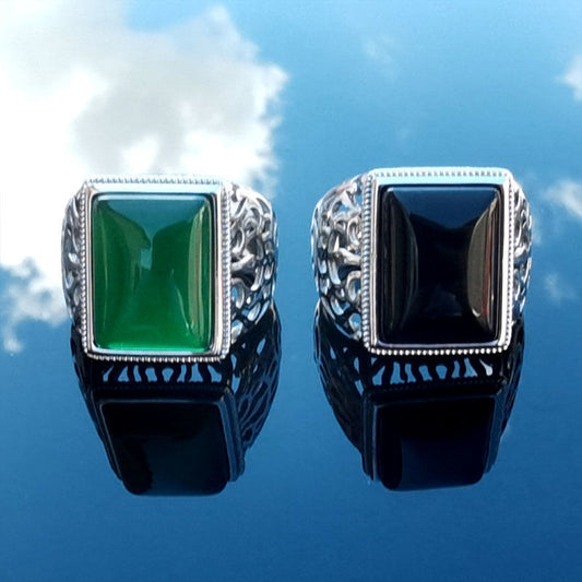 Men's Imitation Green Agate Retro Chalcedony Open Simple Gem Ring