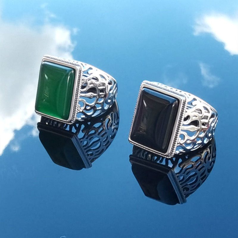 Men's Imitation Green Agate Retro Chalcedony Open Simple Gem Ring