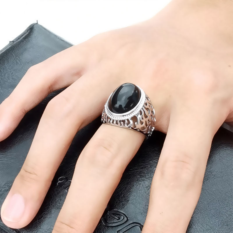 Men's Imitation Green Agate Retro Chalcedony Open Simple Gem Ring