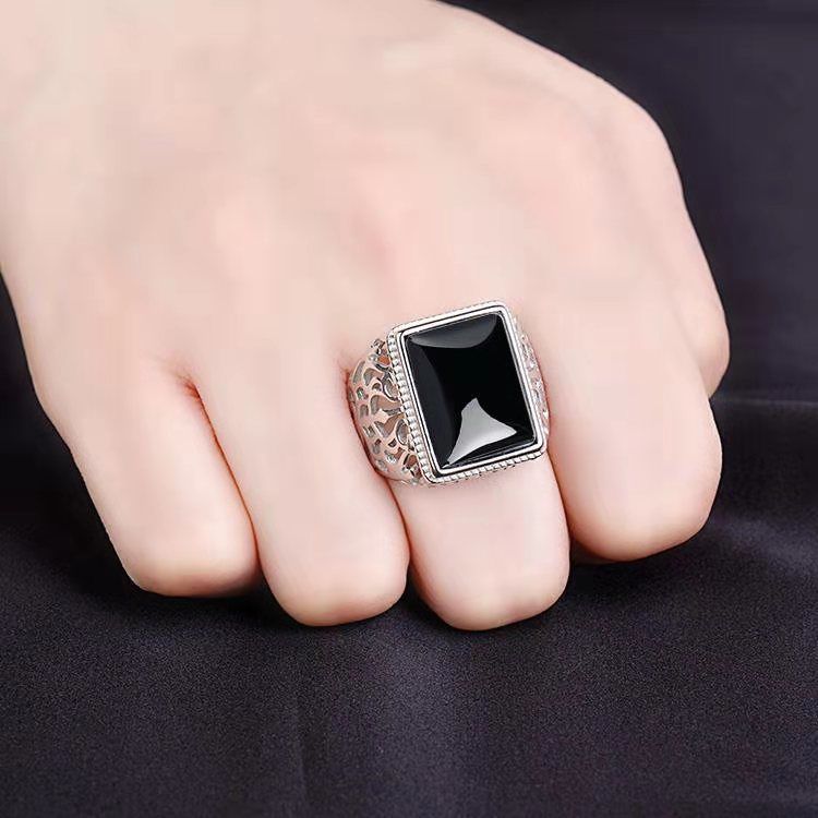 Men's Imitation Green Agate Retro Chalcedony Open Simple Gem Ring