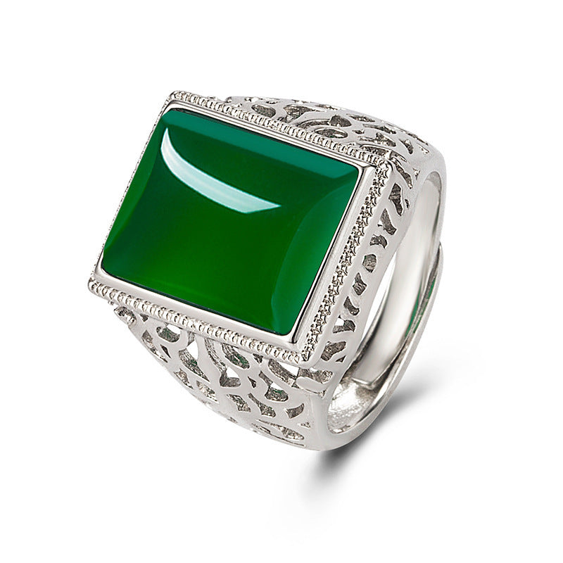 Men's Imitation Green Agate Retro Chalcedony Open Simple Gem Ring
