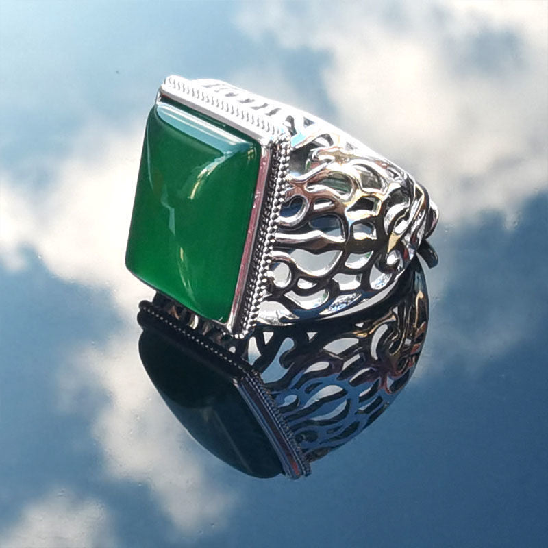 Men's Imitation Green Agate Retro Chalcedony Open Simple Gem Ring