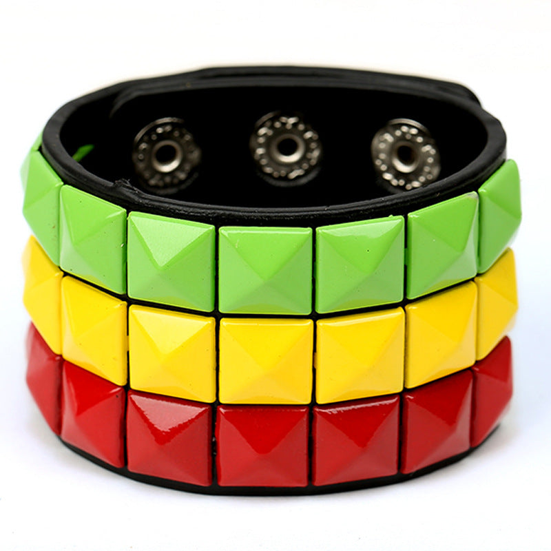 Men's Multicolor Square Nail Leather Personality Cycling Bracelet