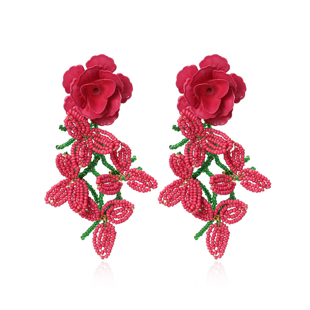 Women's Personality Handmade Woven Bead Flower Tassel Earrings
