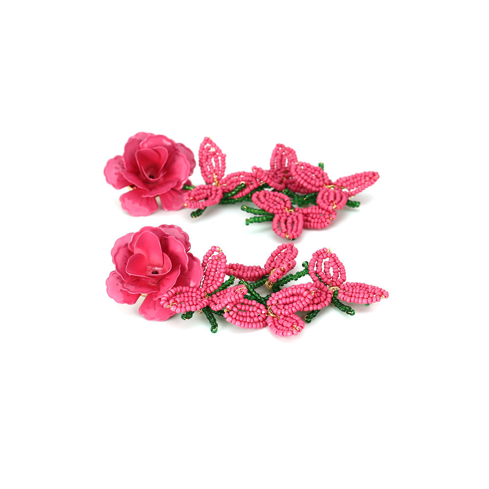 Women's Personality Handmade Woven Bead Flower Tassel Earrings