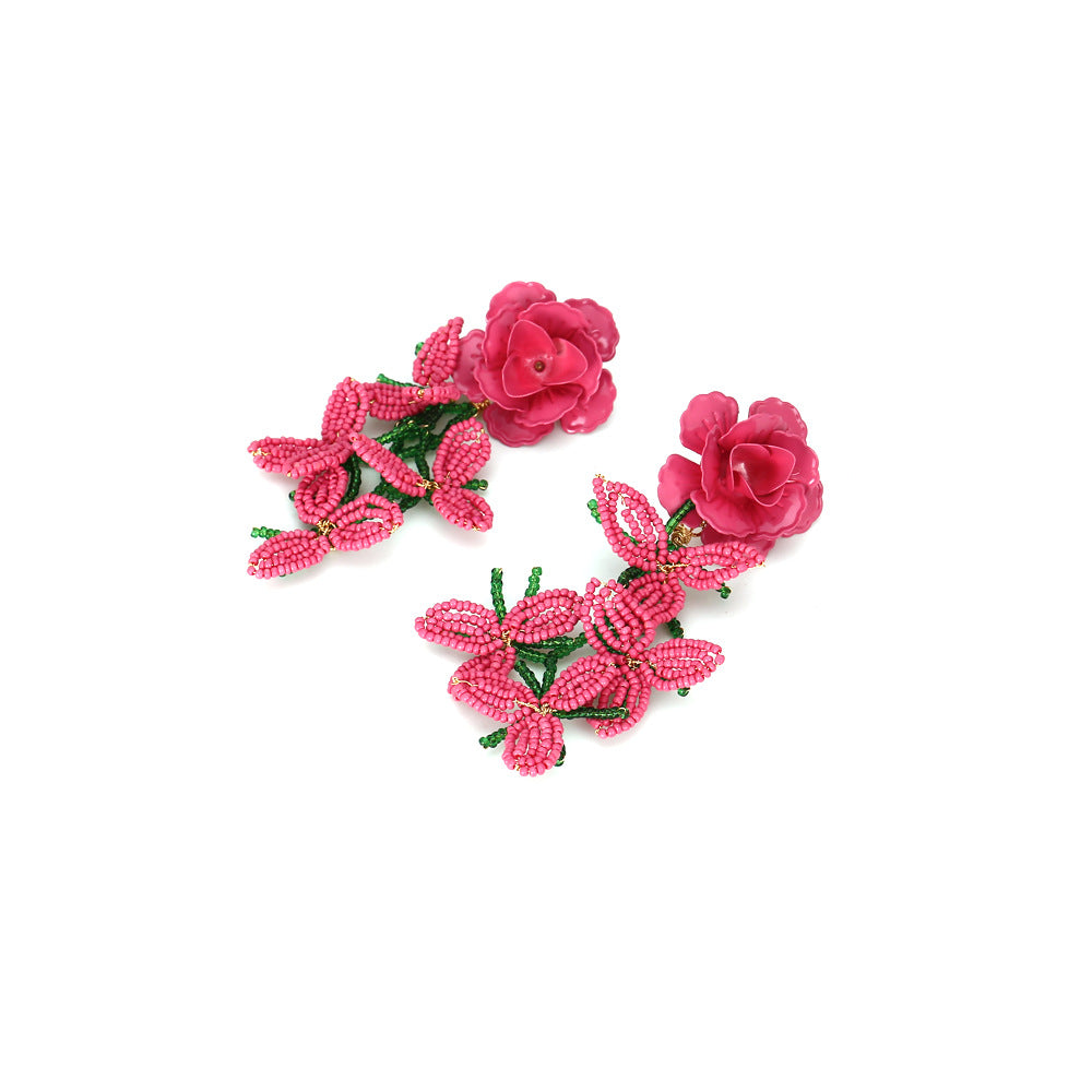 Women's Personality Handmade Woven Bead Flower Tassel Earrings