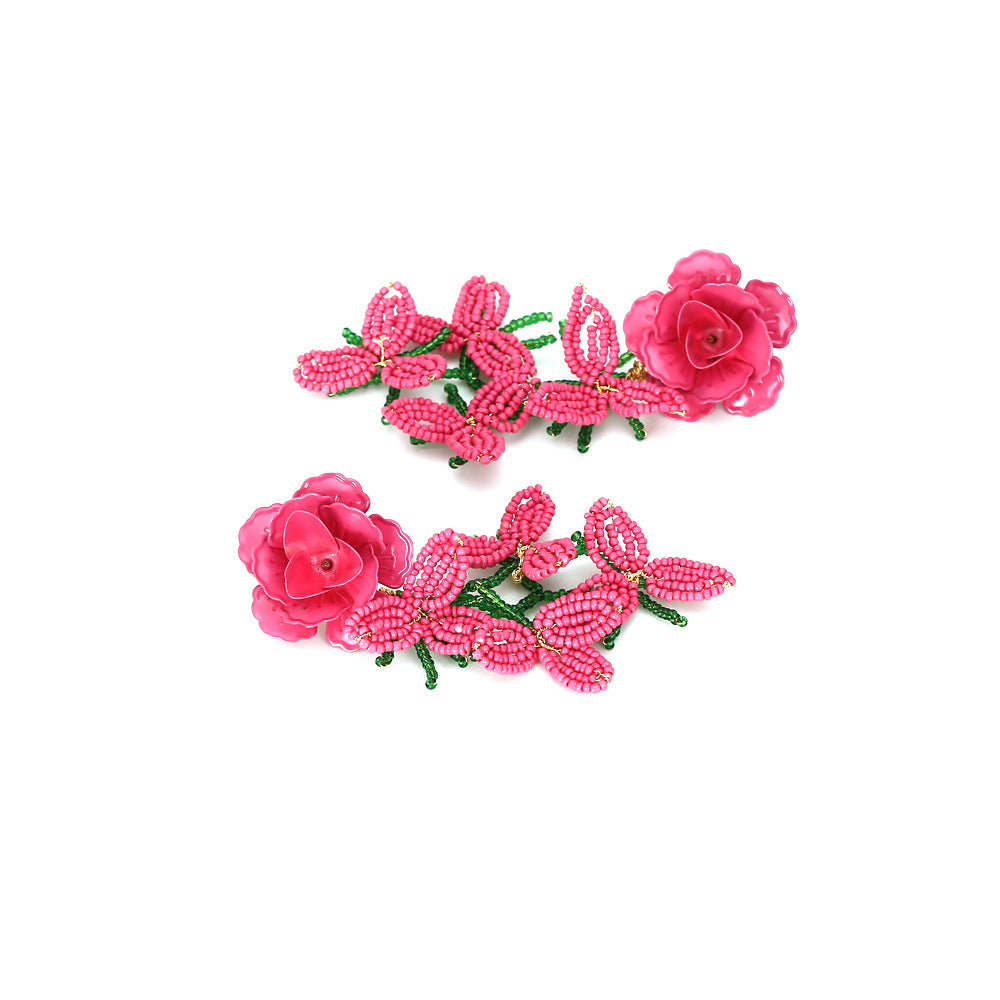 Women's Personality Handmade Woven Bead Flower Tassel Earrings