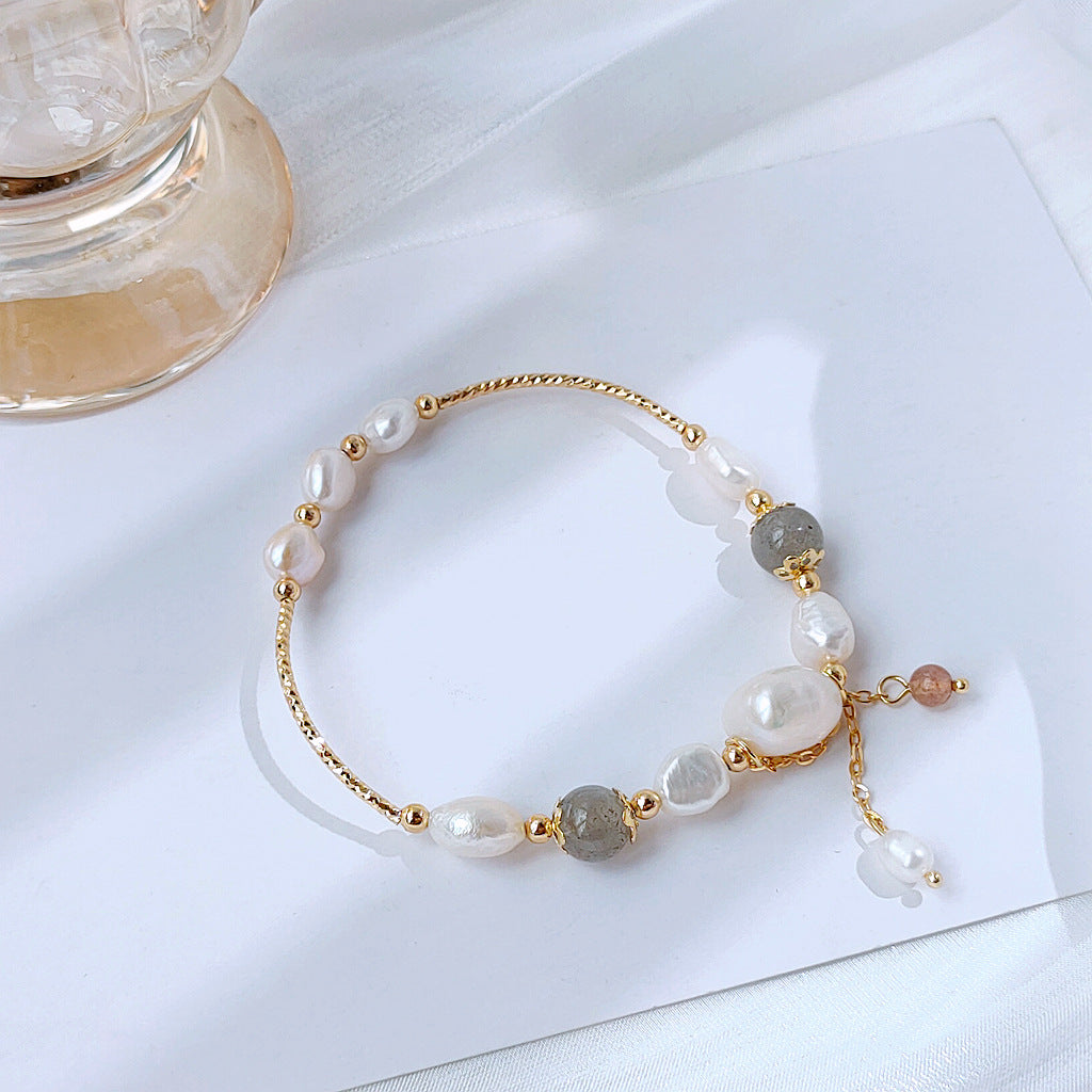 Women's Eyes Handmade Natural Freshwater Pearl Moonstone Korean Style Graceful Bracelets