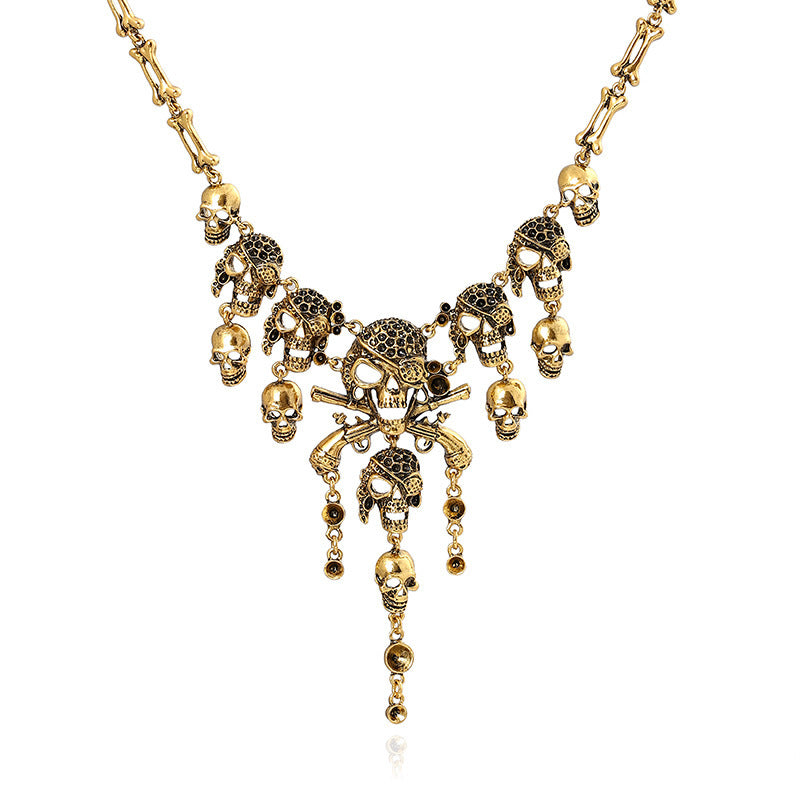 Women's Retro Exaggerated Skull Ghost Head Tassel Alloy Necklace
