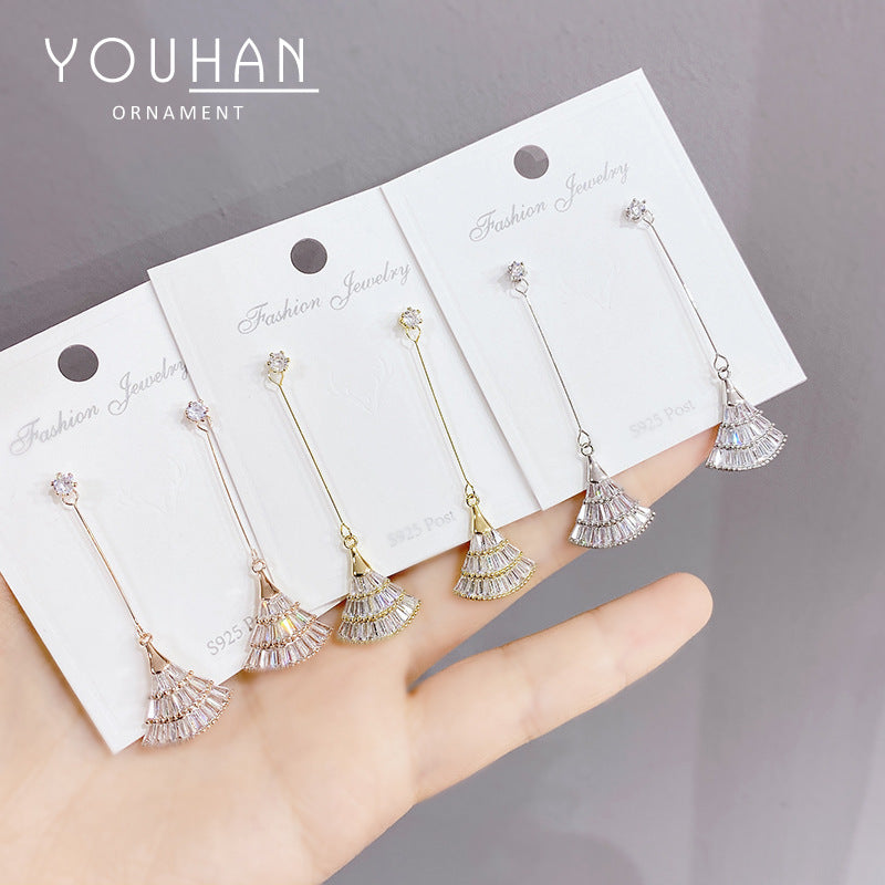 Small Fan Eardrops Sier Needle Simple Elegant Female Zircon Micro Earrings