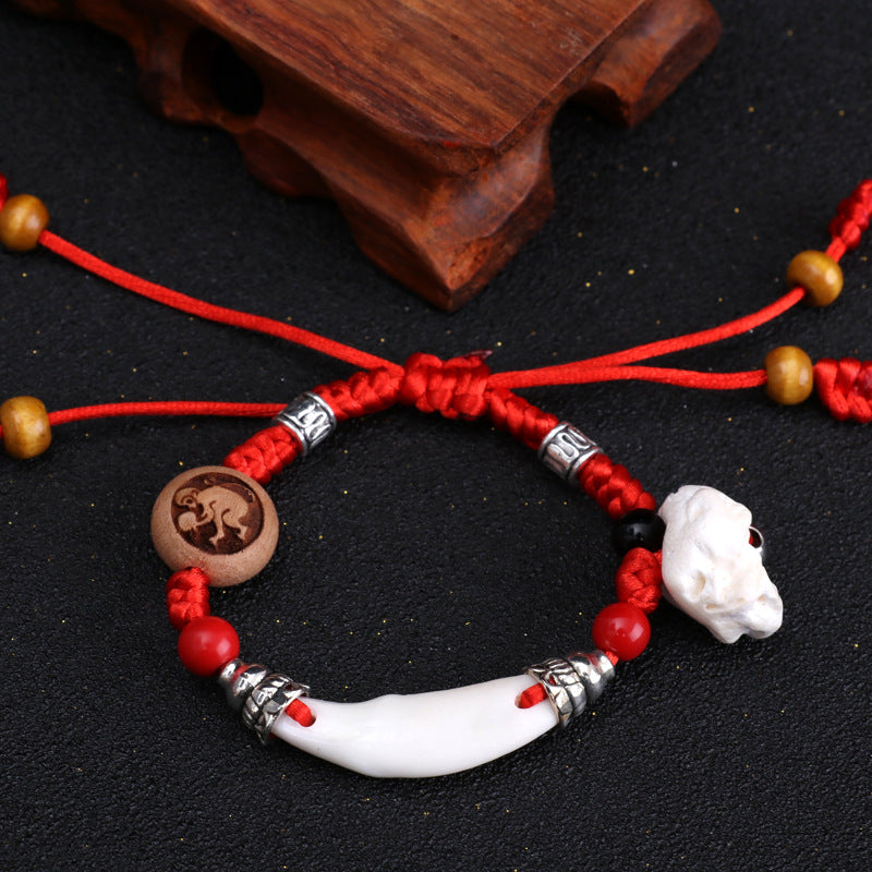 Dog Teeth Zodiac Animal Adults Wear Peach Wood Carving Activity Bracelet