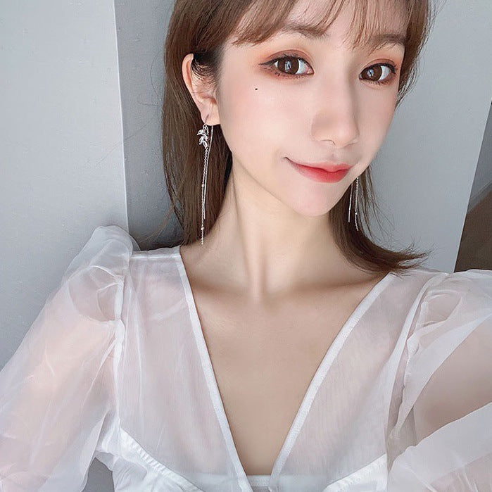 Sterling Sier Tassel Female Temperament Simple Leaves Long Ear Line