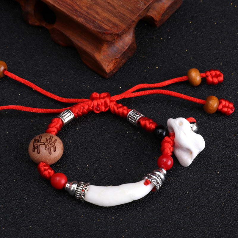 Dog Teeth Zodiac Animal Adults Wear Peach Wood Carving Activity Bracelet