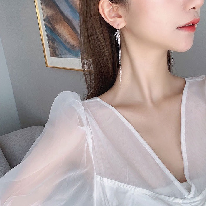 Sterling Sier Tassel Female Temperament Simple Leaves Long Ear Line