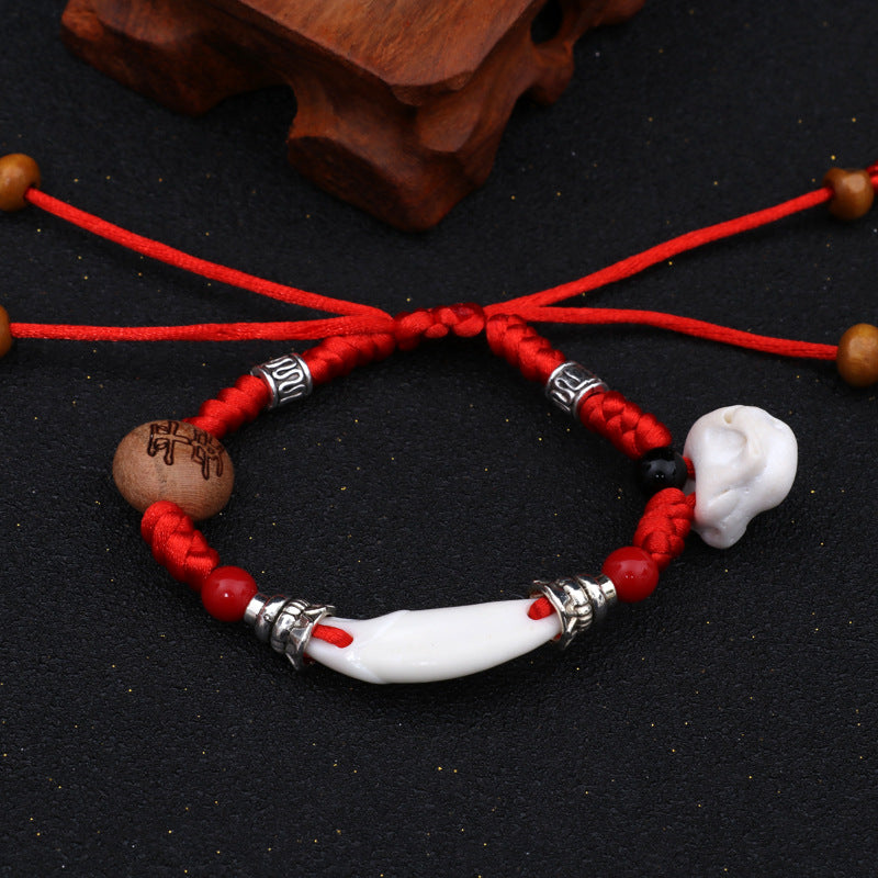 Dog Teeth Zodiac Animal Adults Wear Peach Wood Carving Activity Bracelet