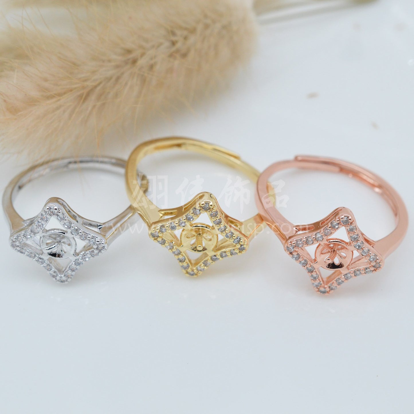 Four Stars Frame Crystal Amber Half Hole Rings