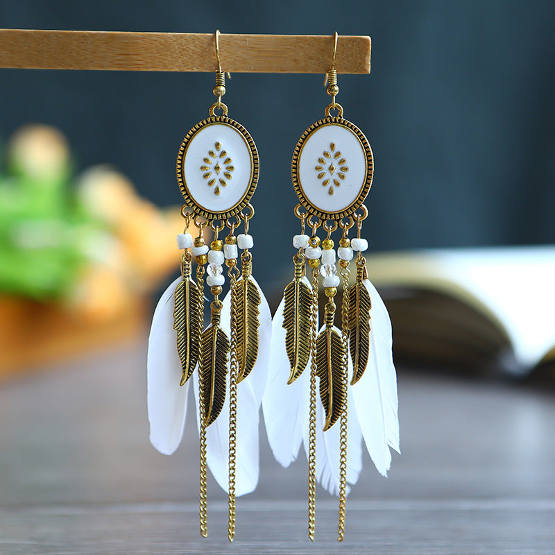 Creative Oval Long Tassel Red Feather Vintage Chain Earrings
