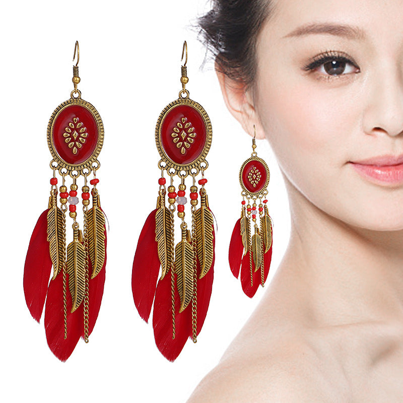 Creative Oval Long Tassel Red Feather Vintage Chain Earrings
