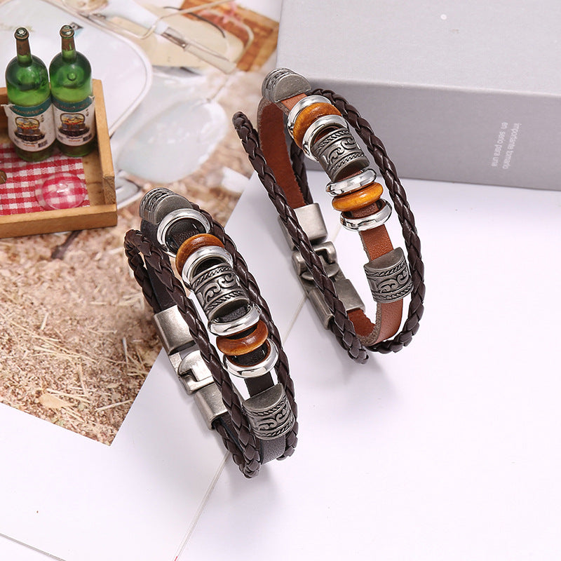 Men's Ornament Simple Handmade Beaded Multilayer Leather Bracelets