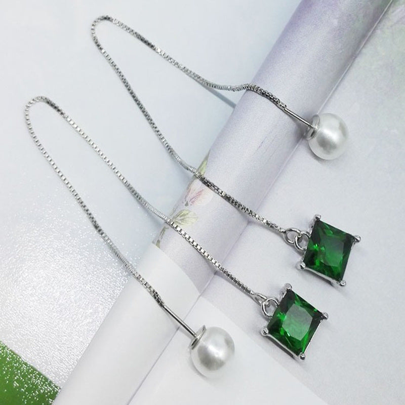 Shiny Square Zircon Pearl Ear String Long Fashion Earrings