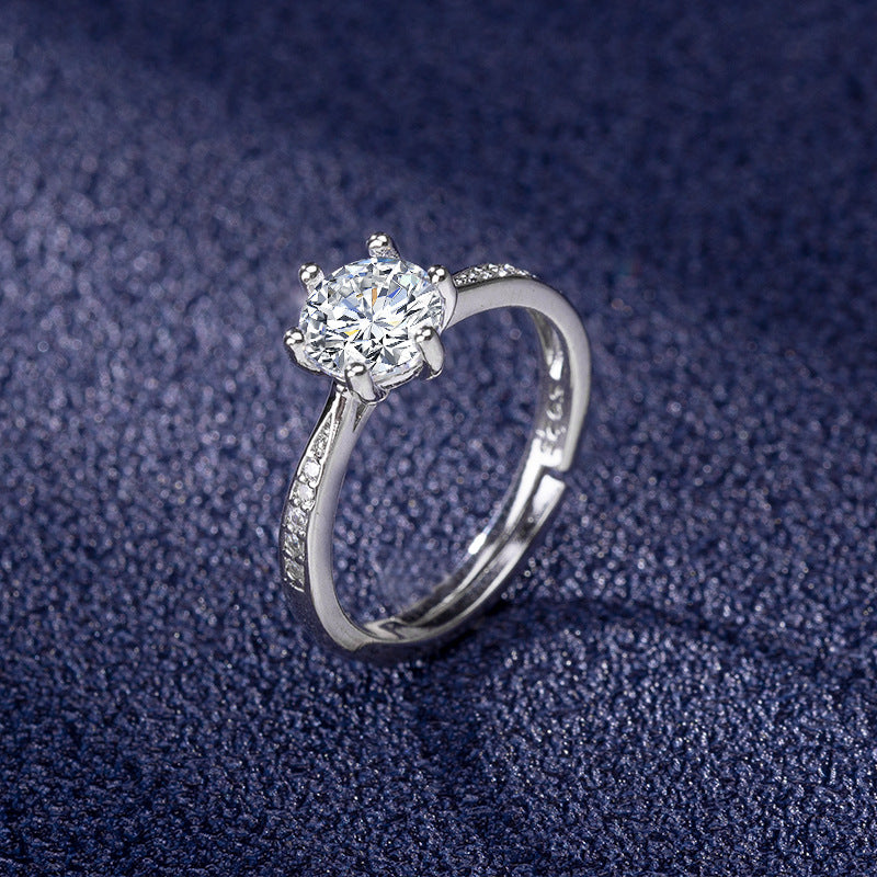 Women's Korean Sier-plated Zircon Wedding Open Simulation Ring