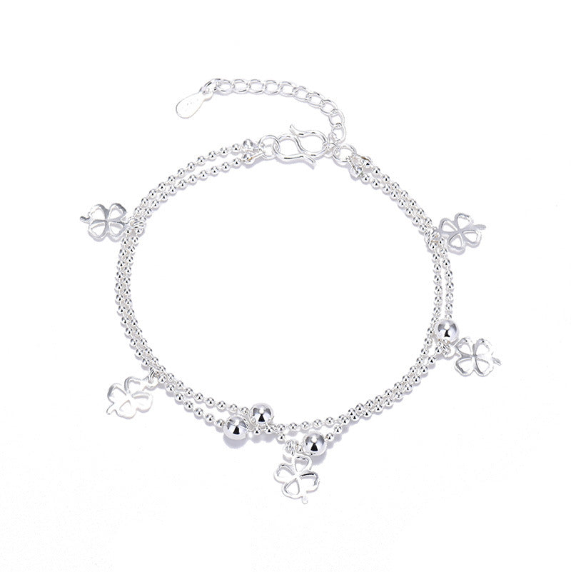 Women's Sier-plated Clover Fashion Round Beads Double Bracelets