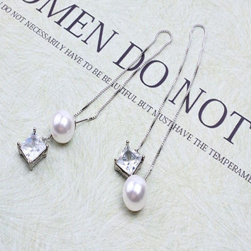 Shiny Square Zircon Pearl Ear String Long Fashion Earrings