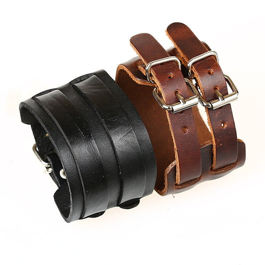 Women's & Men's Vintage Genuine Leather Wide Double Buckle Bracelets