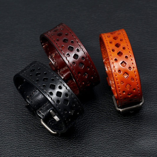 Men's Cattle Leather Retro Hollow Width Personality Bracelets