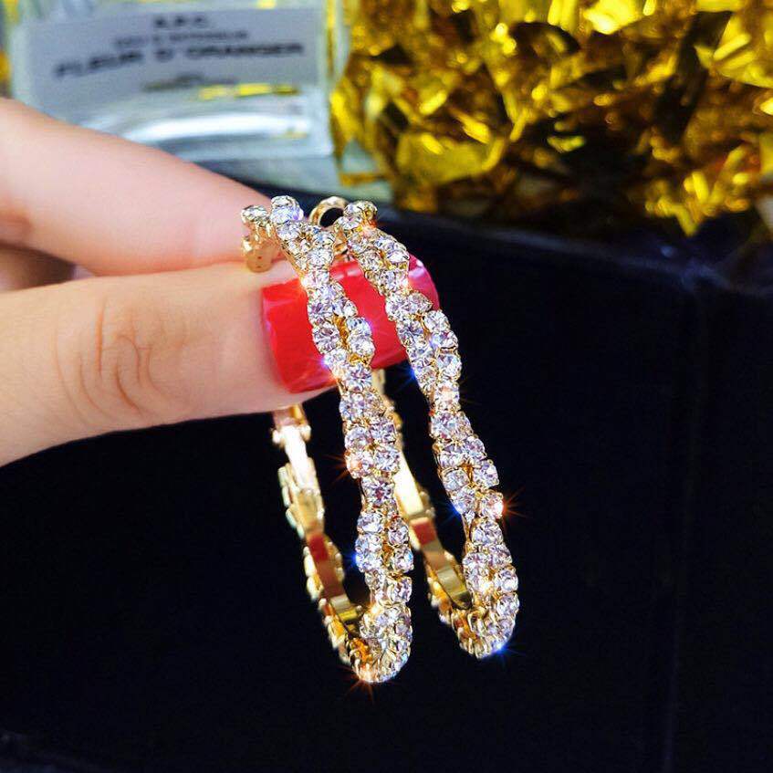 Women's Refined Long Sier Needle Exaggerated Rhinestone Bow Tie Diamond Earrings