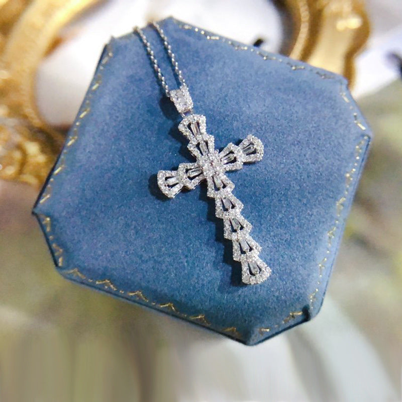 Ladder Square Zircon Full Diamond Cross Clavicle Pendants