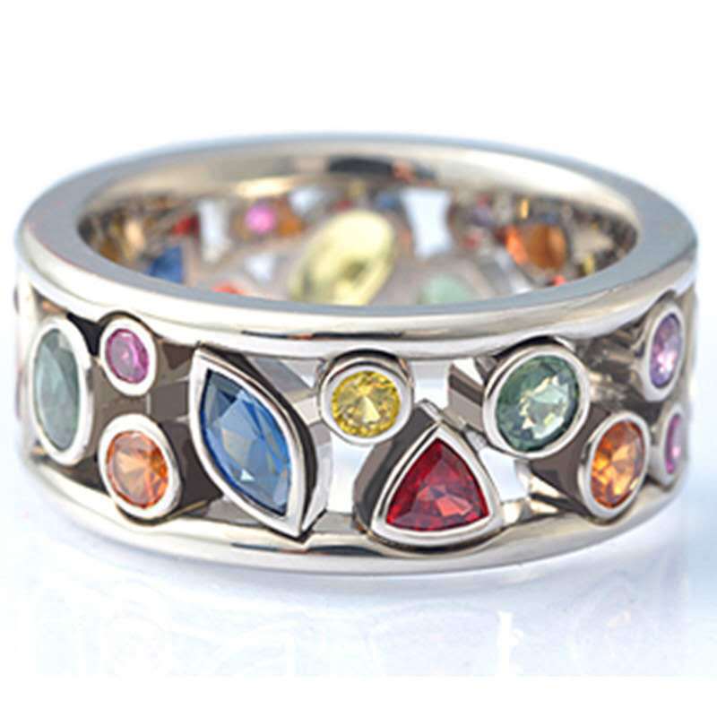 Women's Fashion Geometry Pattern Hollow Jeweled Multicolor Rings