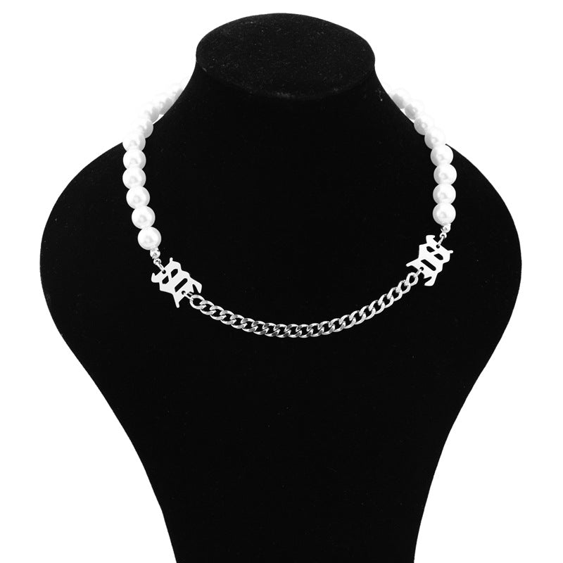 Women's & Men's Steel Ancient Letter Pearl Stitching And Necklaces