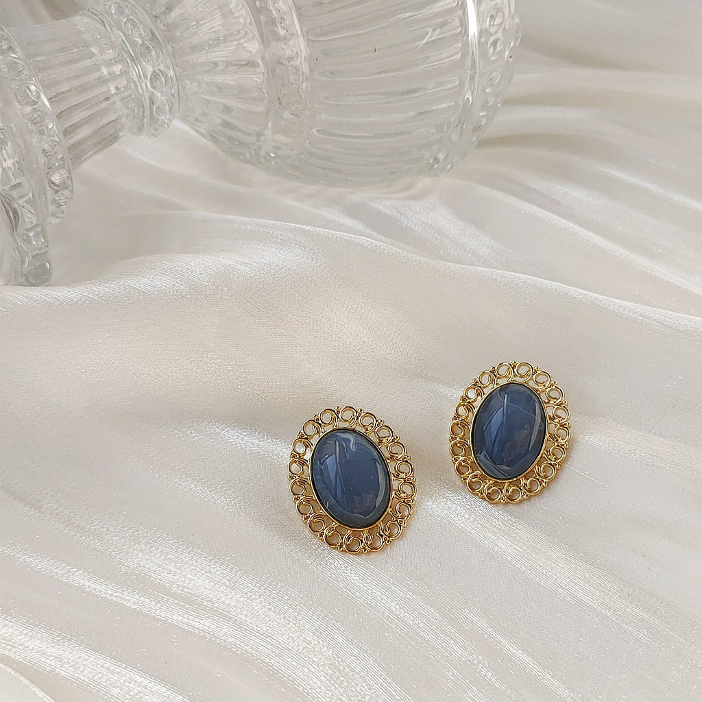 Plated Hollow Fog Haze Blue Sier Needle Style Retro Earrings