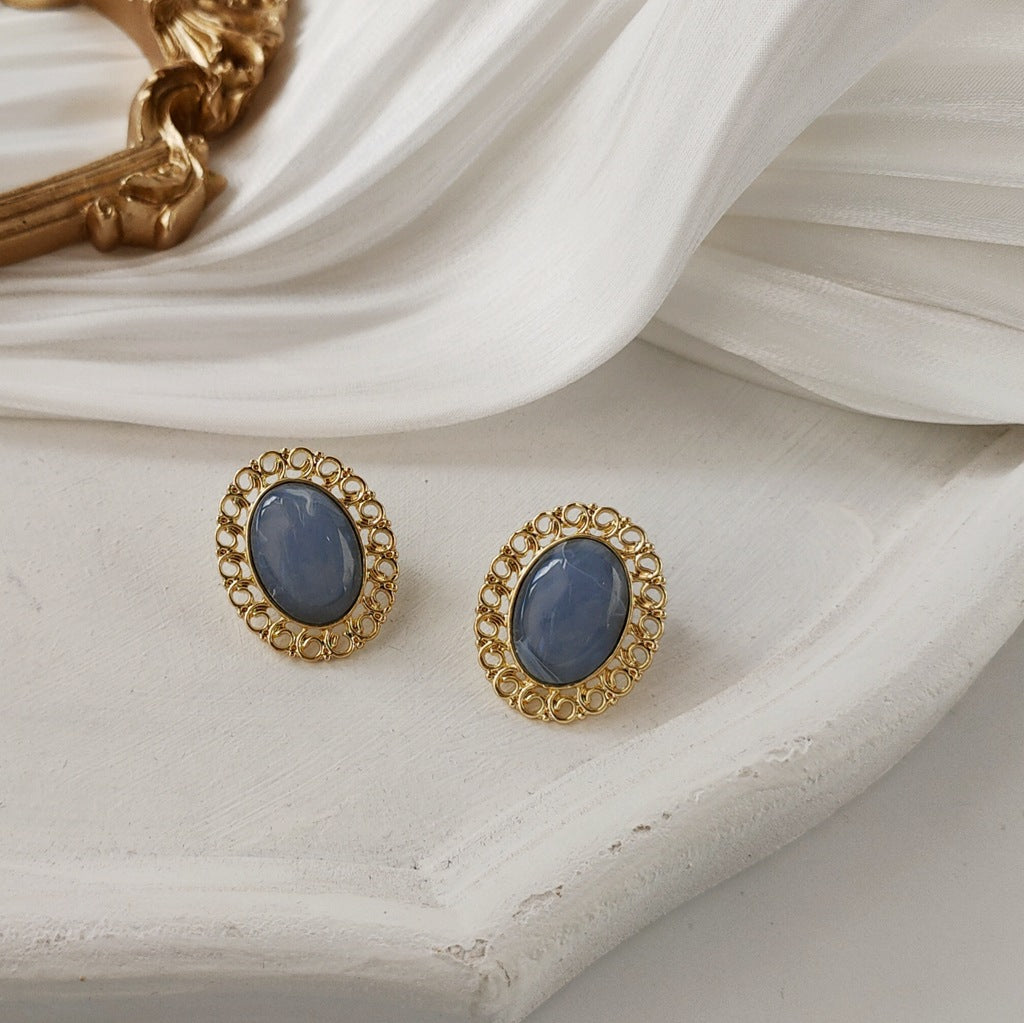 Plated Hollow Fog Haze Blue Sier Needle Style Retro Earrings