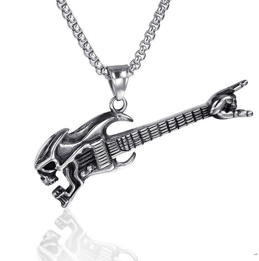 Men's Hop Skull Bass Guitar Gesture Retro Music Personality Musical Instrument Necklace