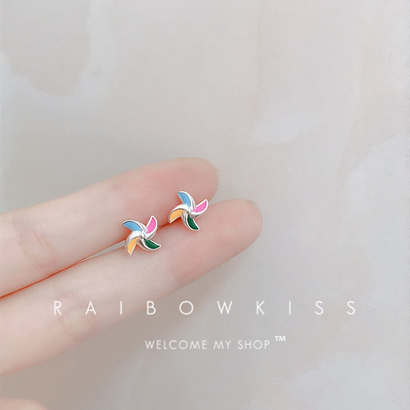 Sier Rainbow Love Design Color Simple Ear Bone Small Before Stud Earrings