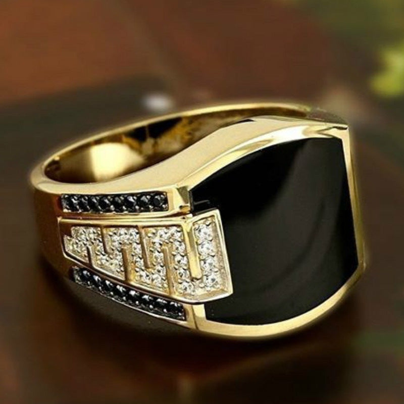 Golden Wide Face With Black Diamond Ring